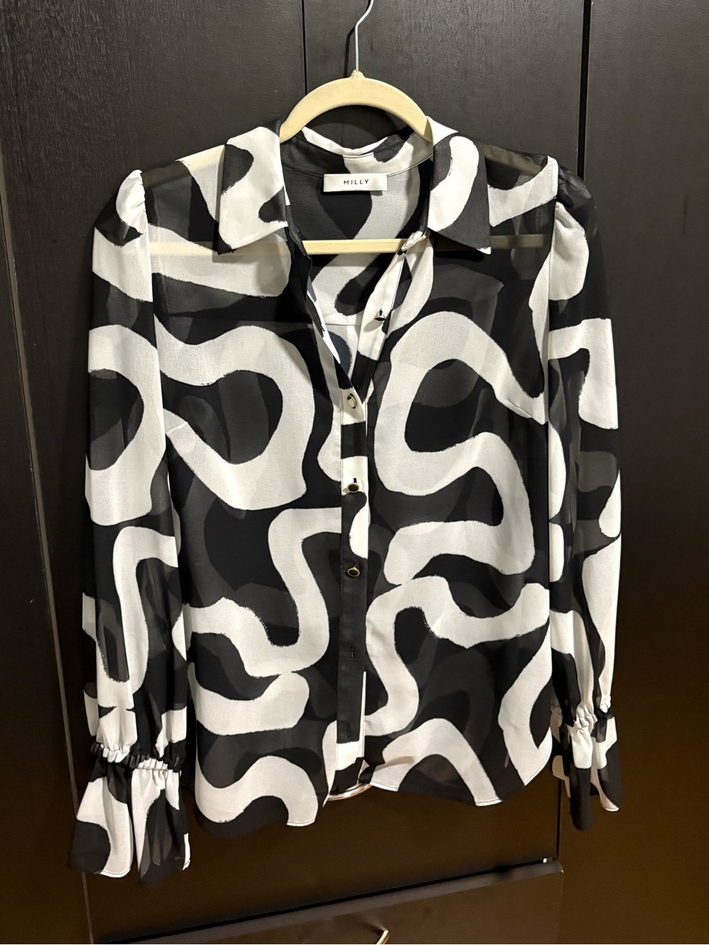 Milly Black and White Abstract Wave Button-Down Shirt